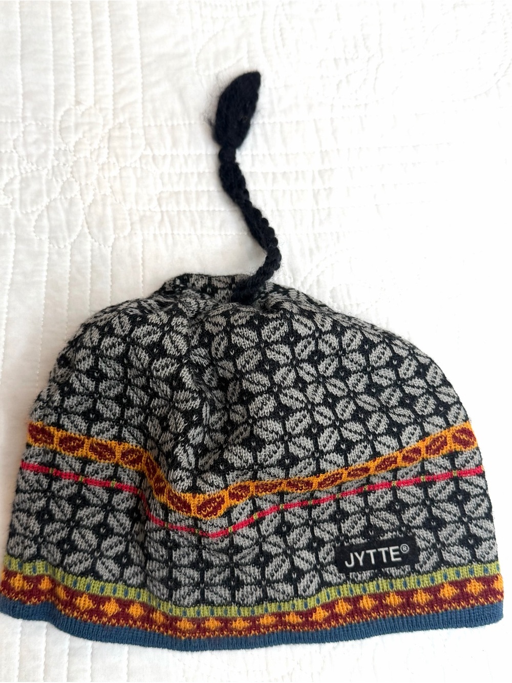 JYTTE Wool Beanie Hat Made in USA Nordic Fair Isle Blue Pink Tassel Boho Ski VTG